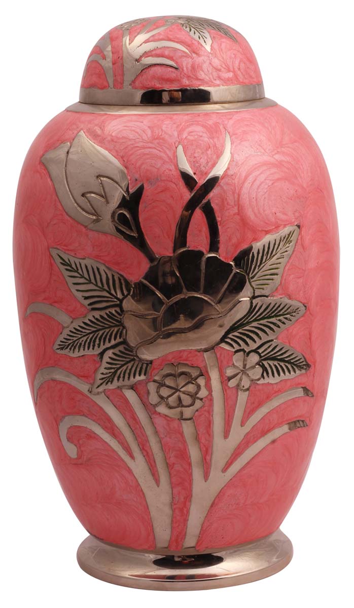 11” Coral-Pink Brass Cremation Urn with Etched Floral Motifs – Hand-Crafted – Solid Urns for Ashes at Wholesale